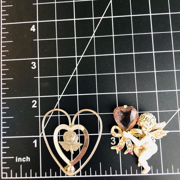Vintage Nouveau Cherub Heart Rhinestone Angel Brooch & Sterling Heart Brooch - Picture 5 of 9